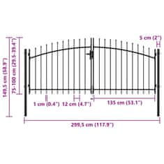 Vidaxl Dvostruka vrata za ogradu s kopljima na vrhu 300 x 150 cm
