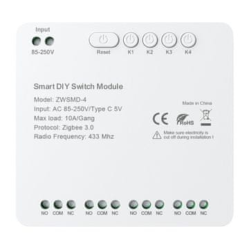Avatto ZigBee 4-kanalni preklopni modul s beznaponskim DC 32V kontaktom Avatto ZWSMMD-4-250V