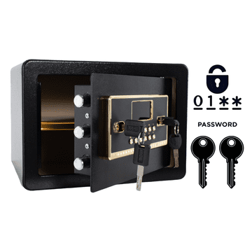 Nikcorp Oklopni kućni sef s elektroničkom bravom i ključem, 25x35x25 cm, čelični, crni, alarmni sustav, polica