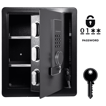 Nikcorp Oklopni kućni sef s elektroničkom bravom i ključem, čelični, 45x38x30 cm, crni, alarmni sustav, polica