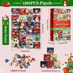 Nikcorp Božićni adventski kalendar Puzzle 1008 dijelova, 24 kutije iznenađenja za djecu i odrasle, 70x50 cm, blagdanski motiv