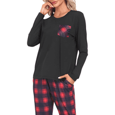 Nikcorp Ženska dvodijelna pidžama crna karirani komplet, meki poliester i elastan, dugi rukavi, zimska kućna odjeća, veličina S