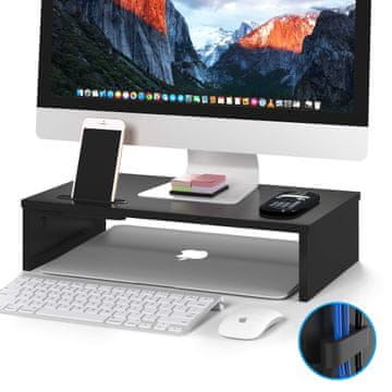 Nikcorp BONTEC ergonomski drveni stalak za monitor i laptop s držačem za telefon, 42x23,5 cm, nosivost 30 kg, crni