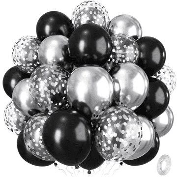 Nikcorp Set lateks balona crni i srebrni s konfetima za proslave, 30 cm, 35 komada - elegantna dekoracija za rođendane i Novu godinu