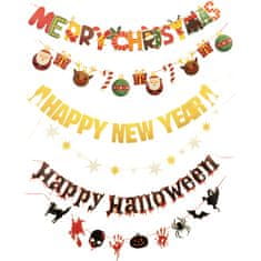 Nikcorp Set ukrasnih girlandi 3u1 za blagdane - Merry Christmas, Happy New Year i Happy Halloween natpisi, svečana dekoracija