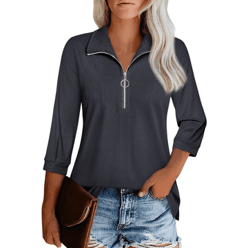 Nikcorp Ženska elegantna pletena bluza s 3/4 rukavima i patentnim zatvaračem, siva L, business casual stil za posao i svaki dan