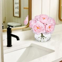 Nikcorp Umjetni božuri u staklenoj vazi, dekorativni buket s efektom vode, realističan 3D izgled, ružičasti, 6 komada