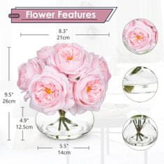 Nikcorp Umjetni božuri u staklenoj vazi, dekorativni buket s efektom vode, realističan 3D izgled, ružičasti, 6 komada