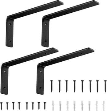 Nikcorp Set od 4 metalna nosača polica 23 cm, zidni kutnici 90° debljine 5 mm, nosivost do 40 kg, crni, s priborom za montažu