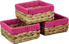 Nikcorp Set od 3 kvadratne pletene košare za odlaganje od vodenog zumbula s ružičastim rubom, 18 cm, organizator za dom