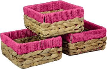 Nikcorp Set od 3 kvadratne pletene košare za odlaganje od vodenog zumbula s ružičastim rubom, 18 cm, organizator za dom