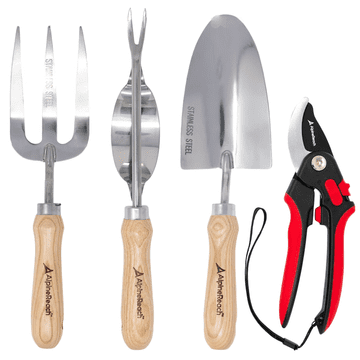 Nikcorp Set 4 premium vrtnih alata od nehrđajućeg čelika s drvenim ručkama u poklon kutiji - lopatica, vilica, plijevljenje i škare