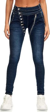 Nikcorp Elara ženske traperice Slim Fit Boyfriend kroj, visoki struk s kosim gumbima i lančićem, tamnoplave 48 (4XL)