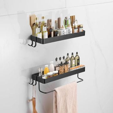 Nikcorp Zidna polica za kuhinju 35 cm bez bušenja s držačem za ručnike i kukama za pribor, metalni stalak za začine, crna/srebrna
