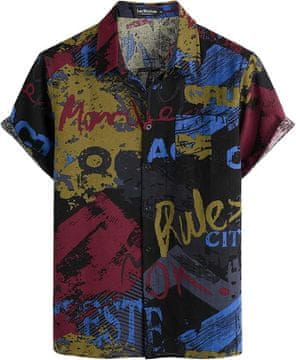 Nikcorp Muška havajska košulja kratkih rukava od pamuka i lana, retro etno uzorak, crno-crvena, veličina S