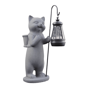 Nikcorp Figurica Mačke od Smole sa Solarnim Fenjerom - Vrtna Dekoracija, Otporna na Vremenske Uvjete, Siva 28 cm