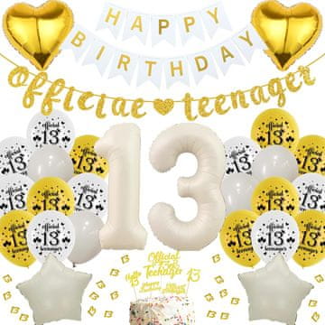 Nikcorp Set dekoracija za 13. rođendan 66 komada bijelo-zlatni baloni banner i konfeti za tortu elegantan rođendanski ukras