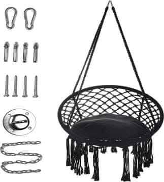 Nikcorp Moderna viseća stolica makrame s priborom za montažu, crna (86x60 cm), nosivost 100 kg, pamučna ljuljačka za dom i vrt