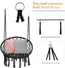 Nikcorp Moderna viseća stolica makrame s priborom za montažu, crna (86x60 cm), nosivost 100 kg, pamučna ljuljačka za dom i vrt