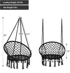 Nikcorp Moderna viseća stolica makrame s priborom za montažu, crna (86x60 cm), nosivost 100 kg, pamučna ljuljačka za dom i vrt