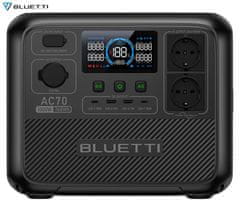 BLUETTI AC70 prijenosna stanica za punjenje, snaga 1000 W, baterija od 768 Wh, BMS sustav, crna