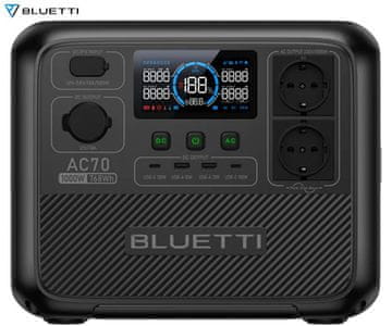BLUETTI AC70 prijenosna stanica za punjenje, snaga 1000 W, baterija od 768 Wh, BMS sustav, crna