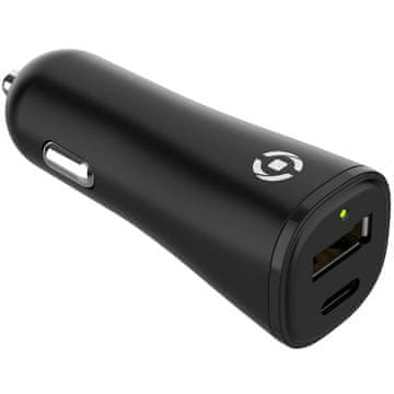 CELLY Auto punjač USB-A + USB-C 32W izrađen od 100% reciklirane plastike Crni
