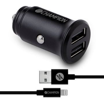 Champion Auto punjač 24W + USB-A na Lightning kabel crne boje