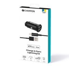 Champion Auto punjač 24W + USB-A na Lightning kabel crne boje