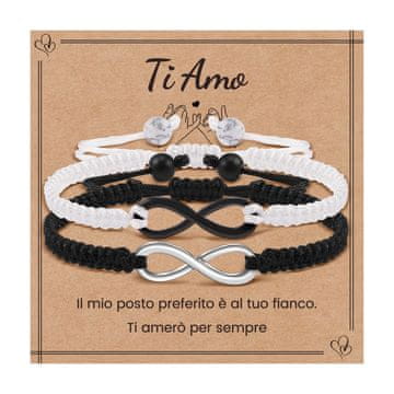 Nikcorp Narukvice za parove sa znakom beskonačnosti, set od 2 komada, podesivo pleteno uže, nehrđajući čelik, crna i bijela boja