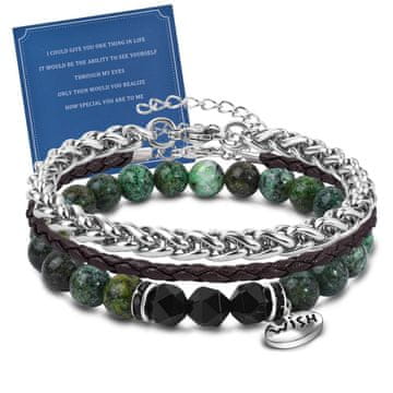 Nikcorp Muška narukvica set od 3 komada, prirodna koža, nehrđajući čelik i prirodni kamen tirkiz i opsidijan, podesiva veličina
