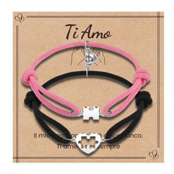 Nikcorp Narukvice za parove Puzzle Srce, set 2 komada, nehrđajući čelik i najlon, podesive veličine, crna i ružičasta boja