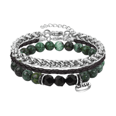 Nikcorp Muška narukvica set od 3 komada, prirodna koža, nehrđajući čelik i prirodni kamen tirkiz i opsidijan, podesiva veličina