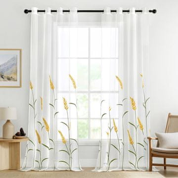 Nikcorp Prozirne zavjese s prstenovima 140x260 cm, bijele s vezenim uzorkom žita, set 2 komada, elegantni poliester za dnevni boravak