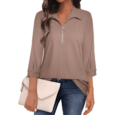 Nikcorp Ženska bluza džemper s patentnim zatvaračem, 3/4 rukavi, elegantna business casual vesta, smeđa boja, veličina XXL