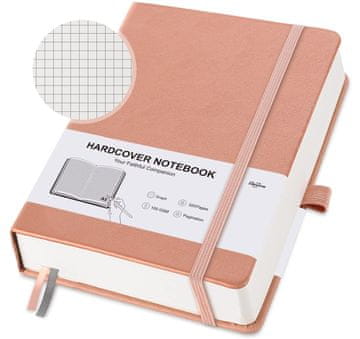 Nikcorp Bilježnica A5 karirana, 320 numeriranih stranica, tvrdi uvez, ružičasta, premium 100g papir, gumica, džep i označivači