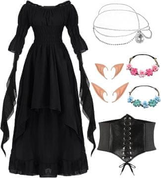 Nikcorp Ženska srednjovjekovna viktorijanska gotička haljina, kompletni kostim s dodacima, steznik i vilenjački set, crna, M