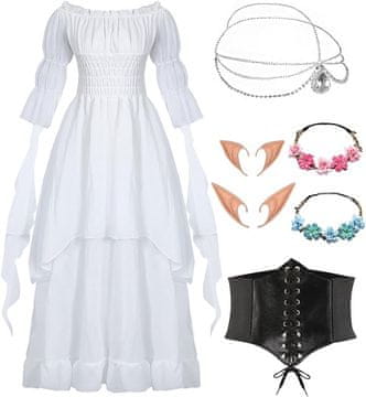 Nikcorp Ženska srednjovjekovna viktorijanska gotička haljina s dodacima, korzet, vilenjački kostim, pamuk, bijela, veličina L