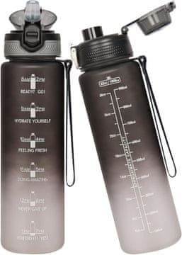 Nikcorp Sportska boca za vodu 1L Tritan, 2 poklopca, sa slamkom, motivacijska skala, bez BPA, za fitness, trčanje i školu, crno-šarena