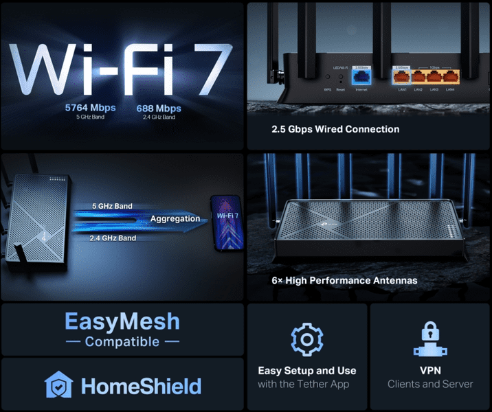 TP-LINK Archer BE400 WiFi7 BE6500 brezžični usmerjevalnik-router / dostopna točka