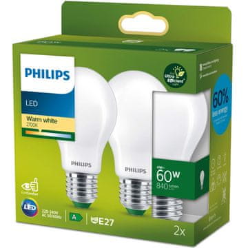 Philips Pakiranje od 2 LED E27 Normalna 4W (60W) Matirana 840lm 2700K Energetska klasa A