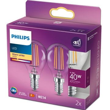 Philips Pakiranje od 2 LED E14 kuglaste žarulje 4,3 W (40 W) prozirne 470 lm