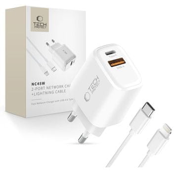 Tech-protect NCA45W GaN punjač USB / USB-C 45W PD QC + kabel Lightning, bijela