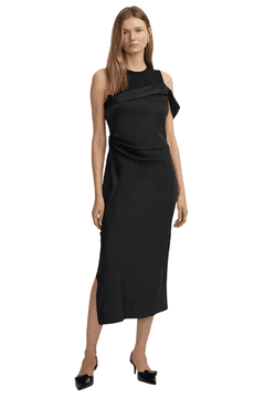 Nikcorp Ženska midi haljina bez rukava, elegantna večernja haljina s drapiranjem i asimetričnim detaljima, crna, veličina 42