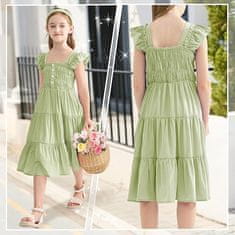 Nikcorp Ljetna haljina za djevojčice elegantna s puf rukavima, zelena, viskoza, A-kroj, džepovi, 10-11 godina, 150 cm