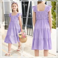 Nikcorp Ljetna haljina za djevojčice elegantna s puf rukavima, ljubičasta, viskoza, A-kroj, džepovi, 10-11 godina, 150 cm