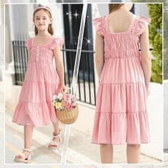 Nikcorp Ljetna haljina za djevojčice elegantna s puf rukavima, ružičasta, prozračna viskoza, džepovi, 11-12 godina, 160 cm