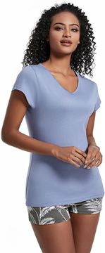 Nikcorp Ženska pidžama od pamuka i modala, kratki rukav i kratke hlače, V-izrez, plavo-siva s uzorkom tropskog lišća, veličina XL