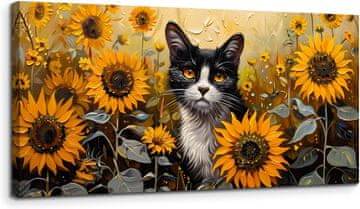 Nikcorp Slika na platnu Mačka i suncokreti, moderna zidna dekoracija s drvenim okvirom, 50x100 cm, visoka kvaliteta tiska za dom