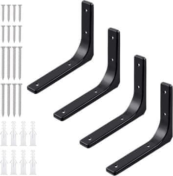 Nikcorp Nosači za police kutni zidni 20,3 cm, set 4 komada, čelični, crni, nosivost 22,7 kg po nosaču, L-profil s priborom za montažu
